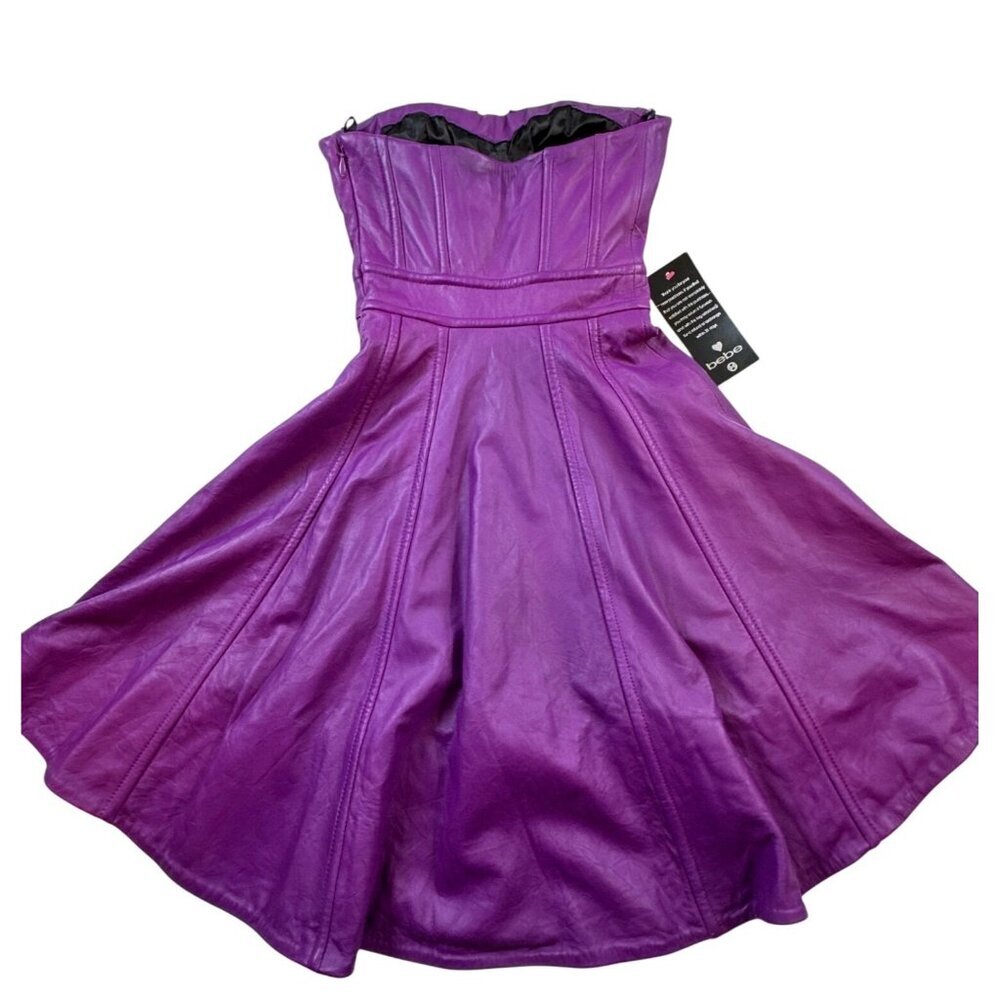 Bebe Purple Faux Leather Strapless High Low Dress Womens XXS NWT Y2K - Picture 3 of 15